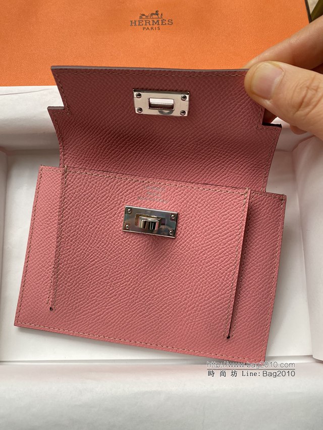 Hermes卡包 愛馬仕原版Kelly Pocket Epsom皮 Hermes新款小錢包 3Q粉銀扣  tdh2172